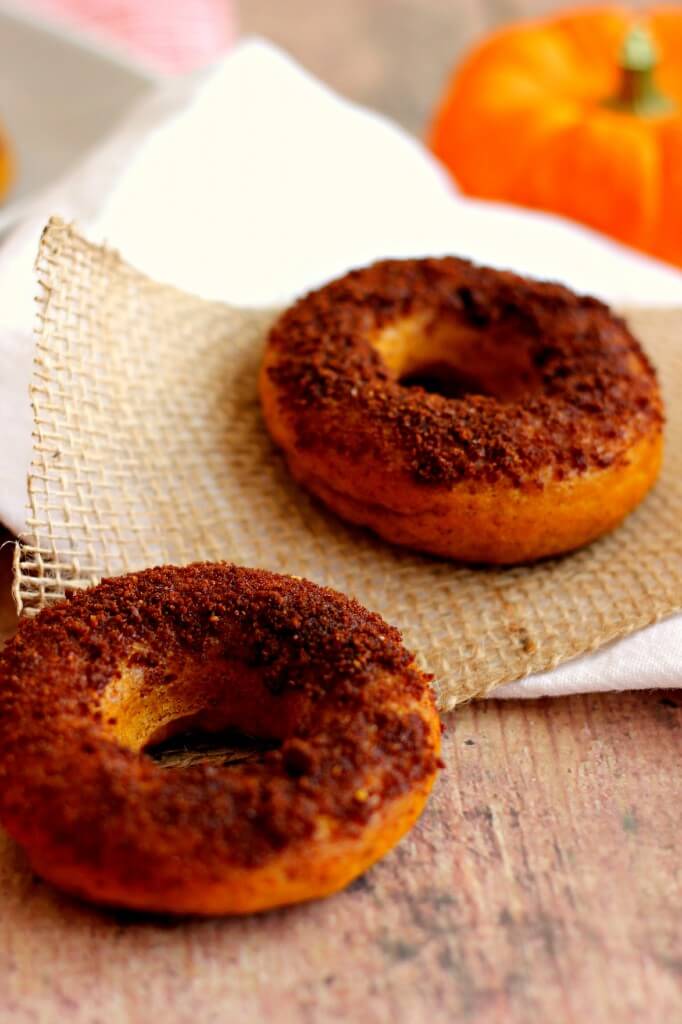 Pumpkin Cake Donuts with Salted Caramel Brownie Brittle Topping
