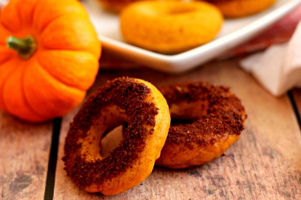 Pumpkin Cake Donuts with Salted Caramel Brownie Brittle Topping