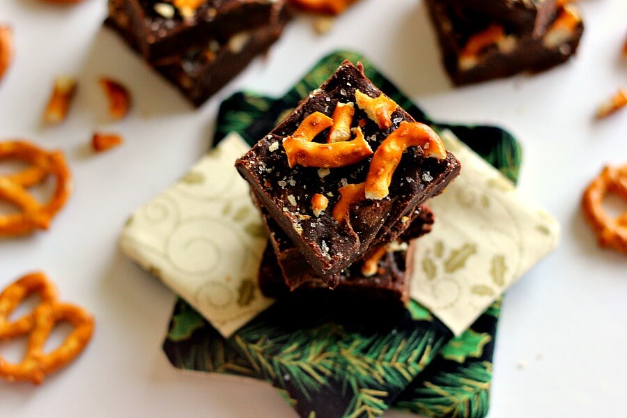 This Salted Dark Chocolate Pretzel Fudge combines smooth, rich chocolate, topped with buttery pretzels and a sprinkling of sea salt.