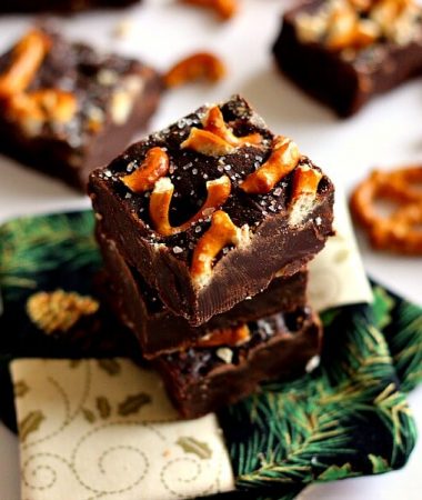 This Salted Dark Chocolate Pretzel Fudge combines smooth, rich chocolate, topped with buttery pretzels and a sprinkling of sea salt.