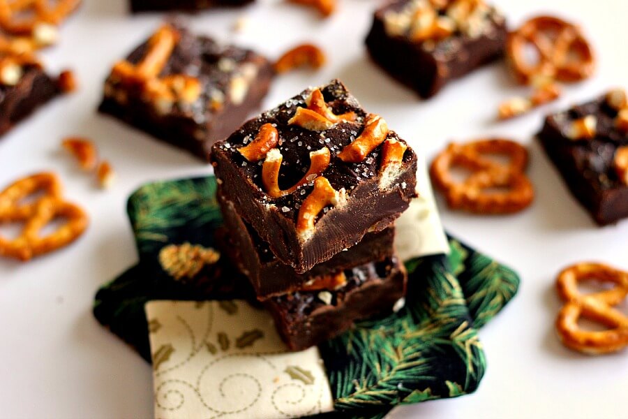 This Salted Dark Chocolate Pretzel Fudge combines smooth, rich chocolate, topped with buttery pretzels and a sprinkling of sea salt.