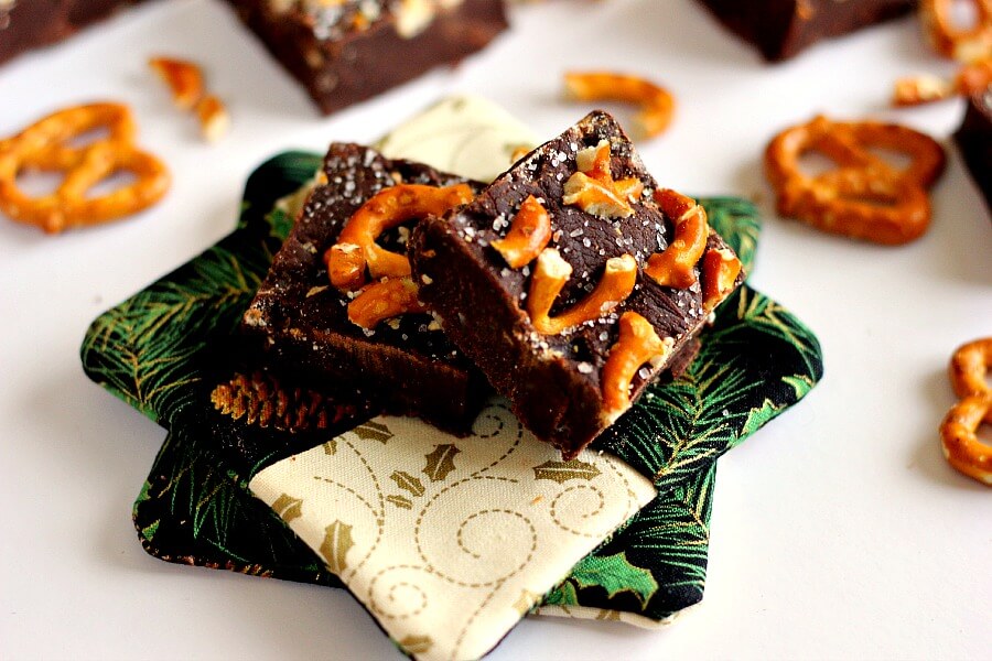 This Salted Dark Chocolate Pretzel Fudge combines smooth, rich chocolate, topped with buttery pretzels and a sprinkling of sea salt.