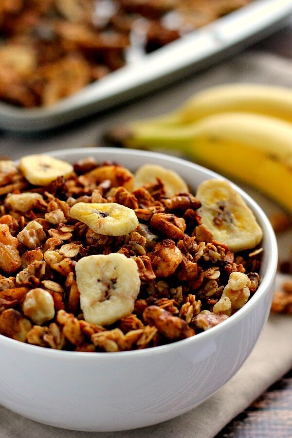 This Banana Bread Granola is crunchy, hearty, and tastes just like banana bread! It's the perfect breakfast or snack to keep you full and satisfied!