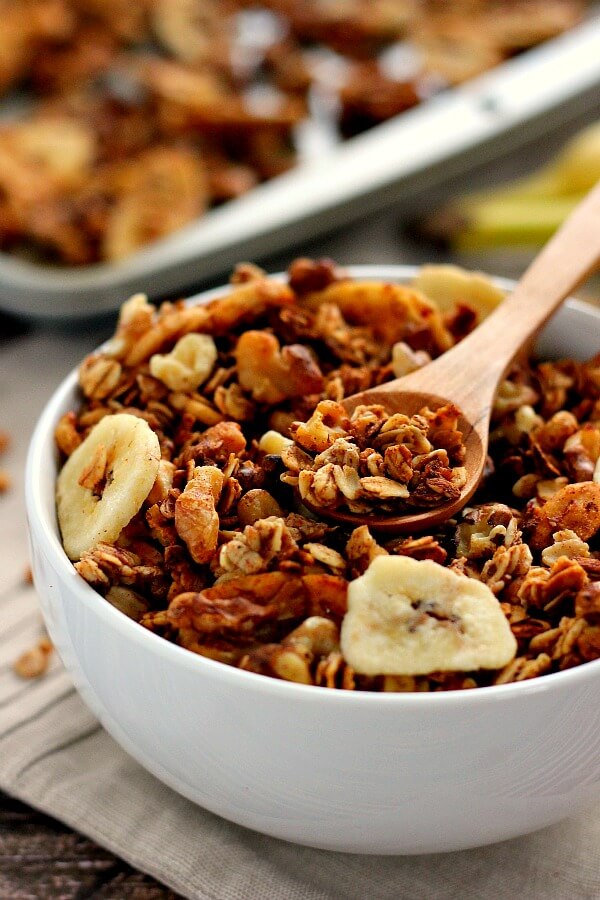 This Banana Bread Granola is crunchy, hearty, and tastes just like banana bread! It's the perfect breakfast or snack to keep you full and satisfied!