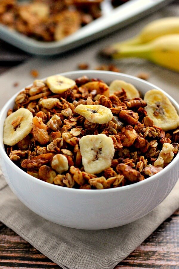 This Banana Bread Granola is crunchy, hearty, and tastes just like banana bread! It's the perfect breakfast or snack to keep you full and satisfied!