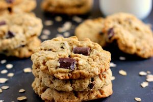 chocolate chunk oatmeal cookies stacked