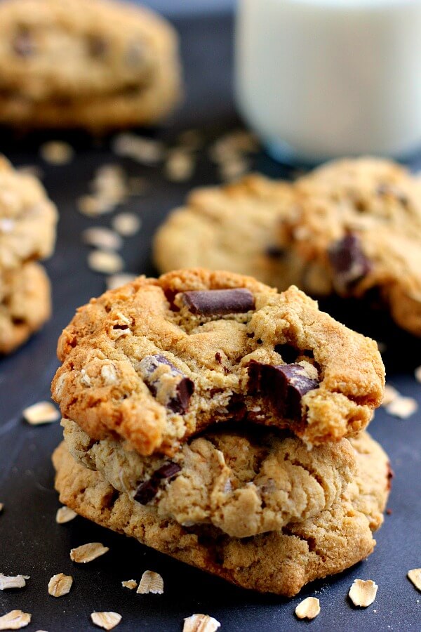 Soft, chewy, and jam-packed with chocolate, these Chocolate Chunk Oatmeal Cookies are full of oats and hearty flavors!
