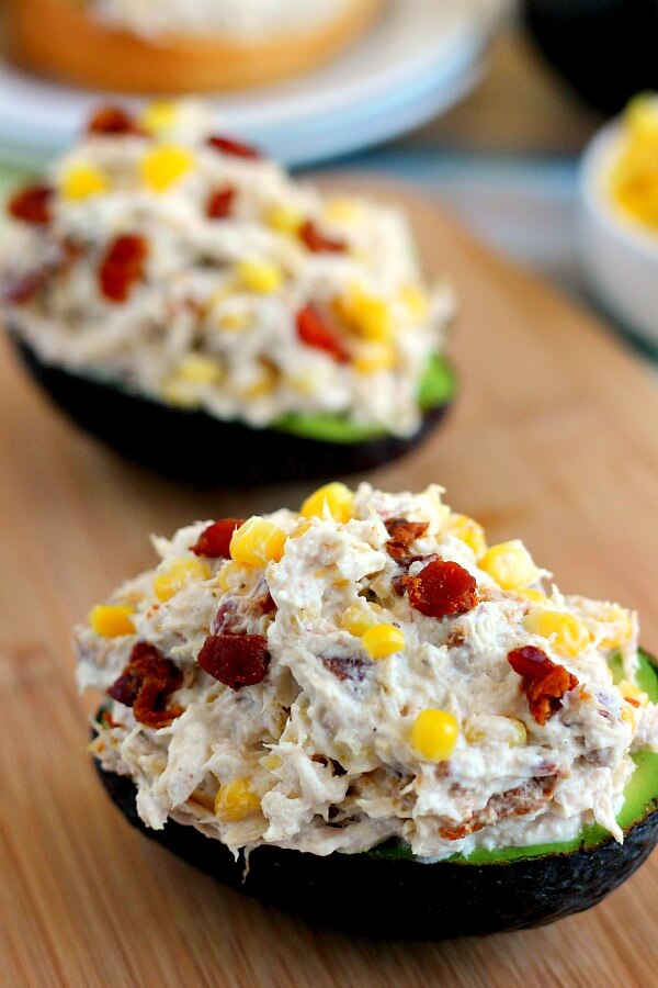 This Lightened Up Zesty Chicken Salad is filled with tender chicken, fresh bacon, and corn, combined with a light dressing!