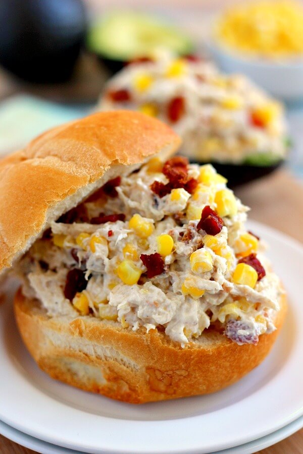 This Lightened Up Zesty Chicken Salad is filled with tender chicken, fresh bacon, and corn, combined with a light dressing!