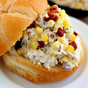 This Lightened Up Zesty Chicken Salad is filled with tender chicken, fresh bacon, and corn, combined with a light dressing!