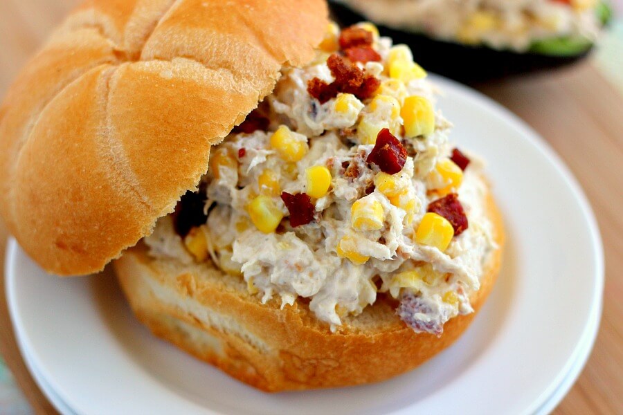 This Lightened Up Zesty Chicken Salad is filled with tender chicken, fresh bacon, and corn, combined with a light dressing!