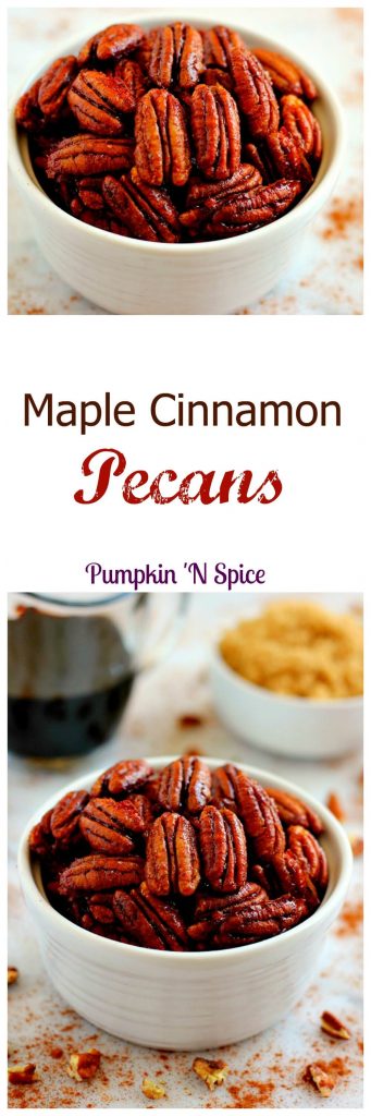 Crunchy, sweet, and brimming with maple and cinnamon flavors, these Maple Cinnamon Pecans are the perfect snack to munch on throughout the day!