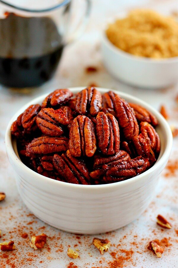 Crunchy, sweet, and brimming with maple and cinnamon flavors, these Maple Cinnamon Pecans are the perfect snack to munch on throughout the day!