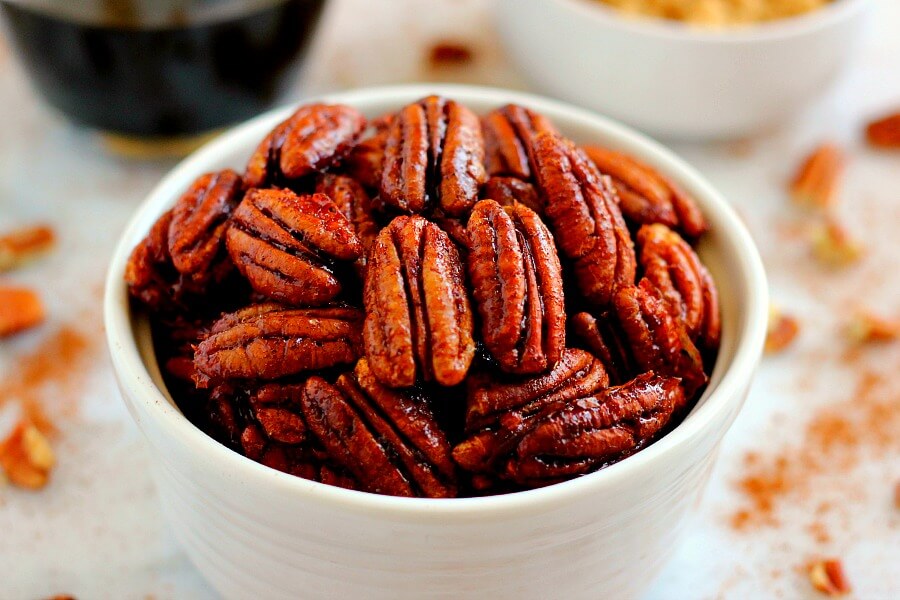 Crunchy, sweet, and brimming with maple and cinnamon flavors, these Maple Cinnamon Pecans are the perfect snack to munch on throughout the day!