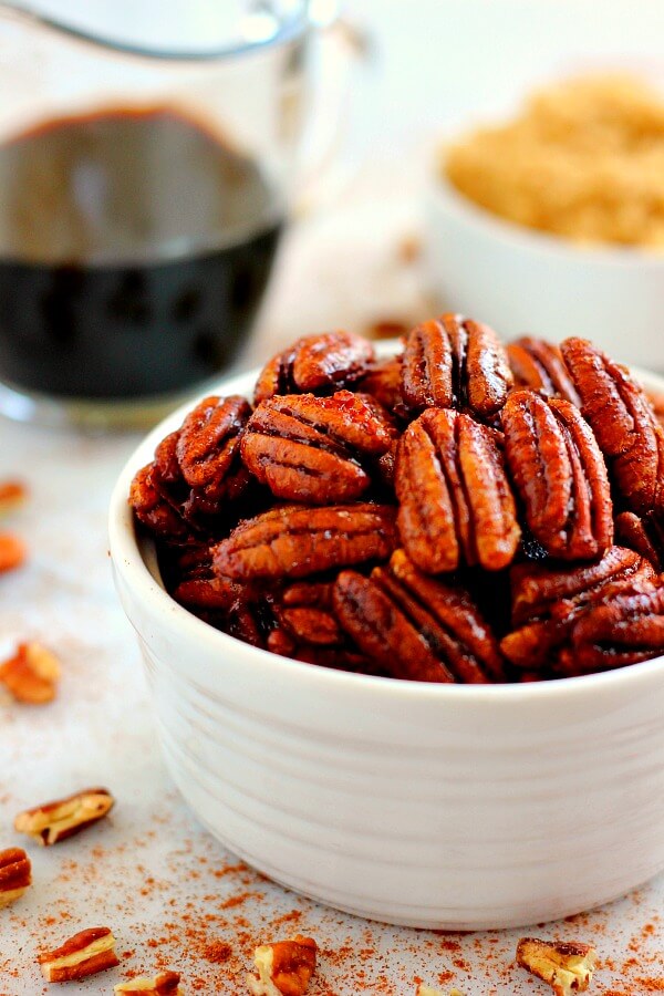 Crunchy, sweet, and brimming with maple and cinnamon flavors, these Maple Cinnamon Pecans are the perfect snack to munch on throughout the day!
