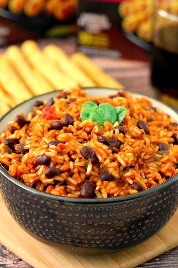 homemade mexican rice in dark bowl