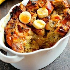 Filled with ripe bananas, Bailey’s Caramel Coffee Creamer, and caramel sauce, this Caramel Banana French Toast Bake is an easy breakfast that makes getting up in the mornings just a little bit easier!