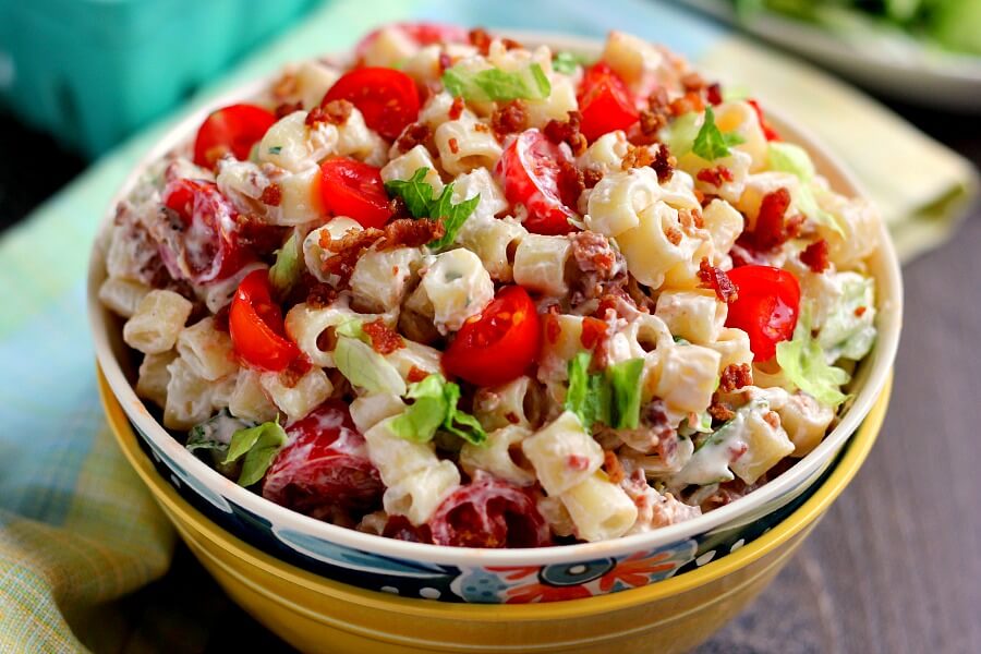 A bowl of BLT pasta salad. 