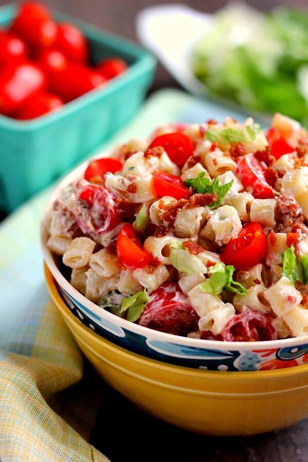 A bowl of BLT pasta salad. 