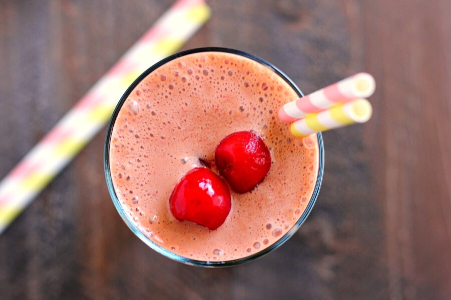 This Chocolate Covered Cherry Smoothie combines frozen cherries, creamy yogurt, and a hint of chocolate that serves as the perfect breakfast, mid-morning snack, or post workout treat!