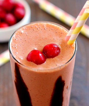 This Chocolate Covered Cherry Smoothie combines frozen cherries, creamy yogurt, and a hint of chocolate that serves as the perfect breakfast, mid-morning snack, or post workout treat!