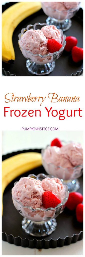 This Strawberry Banana Frozen Yogurt is creamy, packed with protein, and contains just four ingredients. It's also a fraction of the calories that you would find at frozen yogurt shop and tastes twice as good!