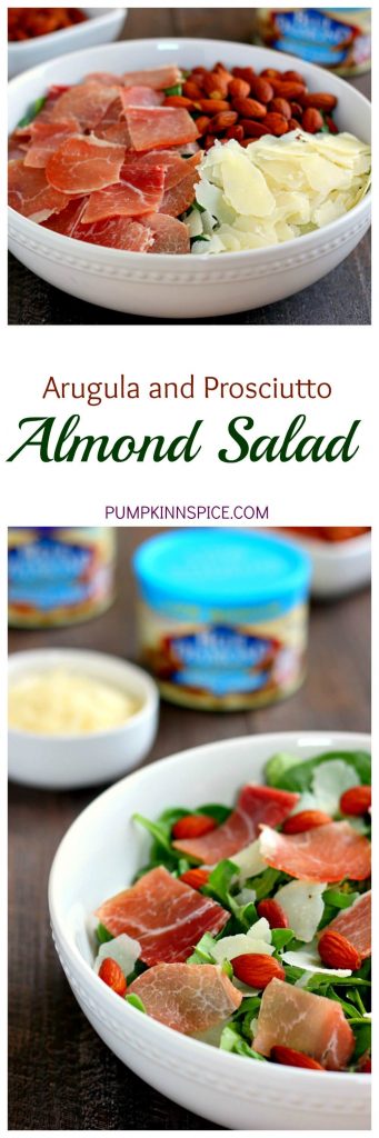 Packed with fresh arugula, salty prosciutto, roasted almonds and tossed in a light olive oil dressing, this Arugula and Prosciutto Almond Salad is light, refreshing and full of nutrients. It makes a delicious lunch on-the-go or a light dinner for those warm, summer nights!