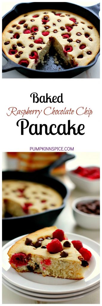 Fluffy, light and bursting with fresh raspberries and chocolate chips, this Baked Raspberry Chocolate Chip Pancake uses Krusteaz's Buttermilk Pancake Mix and is ready in less than thirty minutes. It's sweet enough to eat on its own or sprinkled with some powdered sugar or syrup!