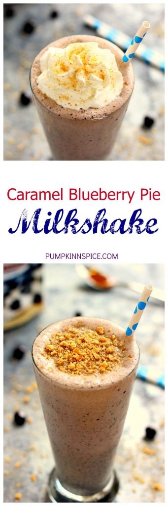 This Caramel Blueberry Pie Milkshake is filled with sweet vanilla bean ice cream, rich caramel, and Dark Chocolate Blueberries from Brookside. It's creamy, delicious, and the perfect frozen treat to satisfy your ice cream cravings!