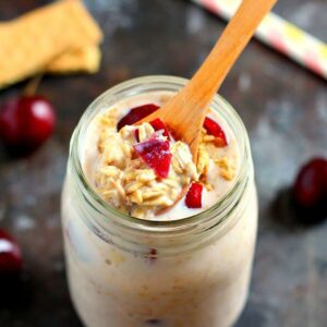 Packed with just a few simple ingredients, these Cherry Pie Overnight Oats taste just like cherry pie, in healthy form!