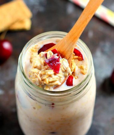 Packed with just a few simple ingredients, these Cherry Pie Overnight Oats taste just like cherry pie, in healthy form!