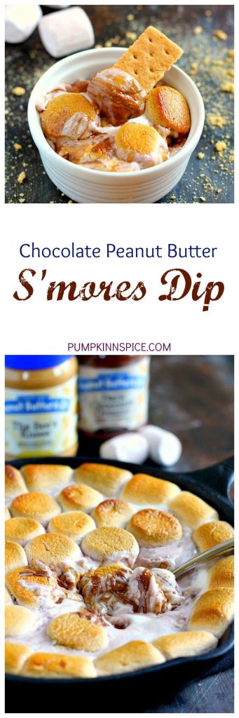 Loaded with creamy peanut butter, luscious dark chocolate peanut butter, and topped with toasted vanilla and chocolate marshmallows, this Chocolate Peanut Butter S'mores Dip is the perfect summer treat!