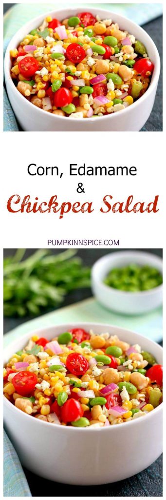 Jam-packed with corn, edamame, chickpeas, and tomatoes, this Corn, Edamame, and Chickpea Salad is full of flavor and makes the perfect light lunch or dinner. By adding a touch of feta cheese, red onion, cilantro, lime juice, and a white balsamic dressing, the ingredients blend together to make a zesty dish!