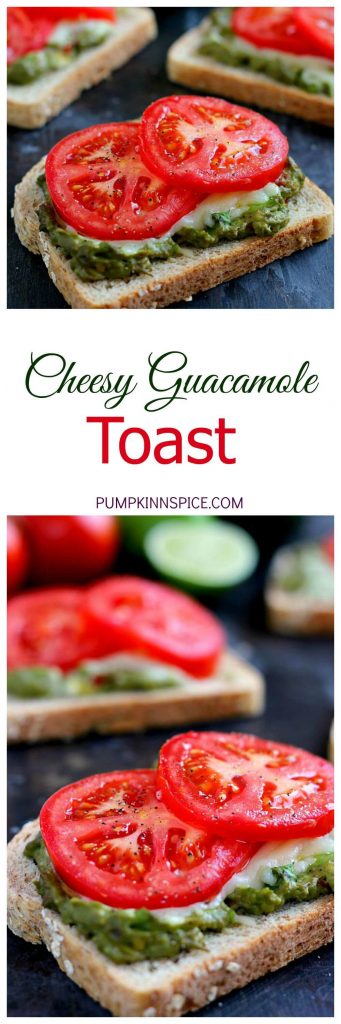 This Cheesy Guacamole Toast is loaded with creamy guacamole, mozzarella cheese, and fresh tomatoes. Full of flavor and healthy ingredients, this toast makes the perfect breakfast or mid-morning snack!
