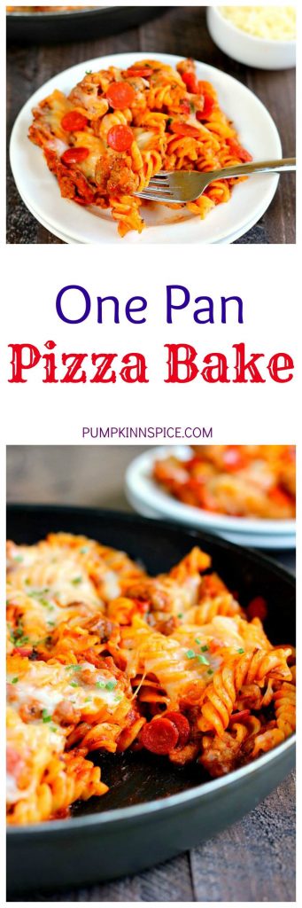 This One Pan Pizza Bake contains all of the classic pizza flavors packed into a one pan meal that is sure to satisfy your cravings. Filled with tender pasta, spicy sausage, lean pepperoni, and topped with cheese, this meal is sure to be a hit with everyone!
