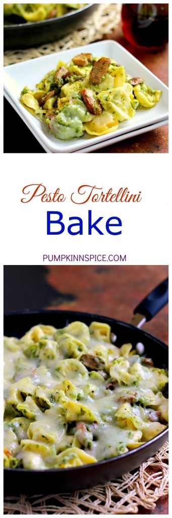 This Pesto Tortellini Bake is filled with fresh pasta, tangy pesto sauce, juicy mushrooms, and mozzarella cheese. It easy to prepare and makes the perfect weeknight meal!