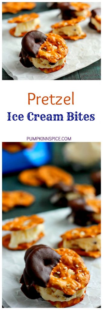These Pretzel Ice Cream Bites are filled with peanut butter cup ice cream that is sandwiched between two Snack Factory Pretzel Crisps® and then dunked in chocolate. It's the perfect poppable, crunchy, and delicious treat!