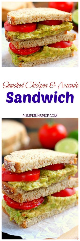 This Smashed Chickpea and Avocado Sandwich is loaded with flavor and makes a light and healthy lunch or dinner. Chickpeas and avocados make the perfect pair when blended with a touch of spice and lime juice!