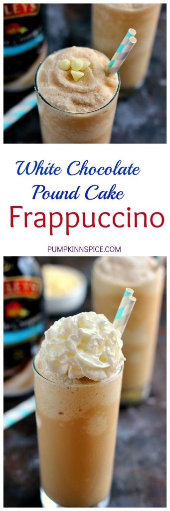 Filled with fresh coffee, BAILEYS® Bourbon Vanilla Pound Cake Coffee Creamer, and blended to perfection, this White Chocolate Pound Cake Frappuccino is the perfect drink to satisfy your coffee cravings. It's smooth, creamy, and takes just minutes to whip up!