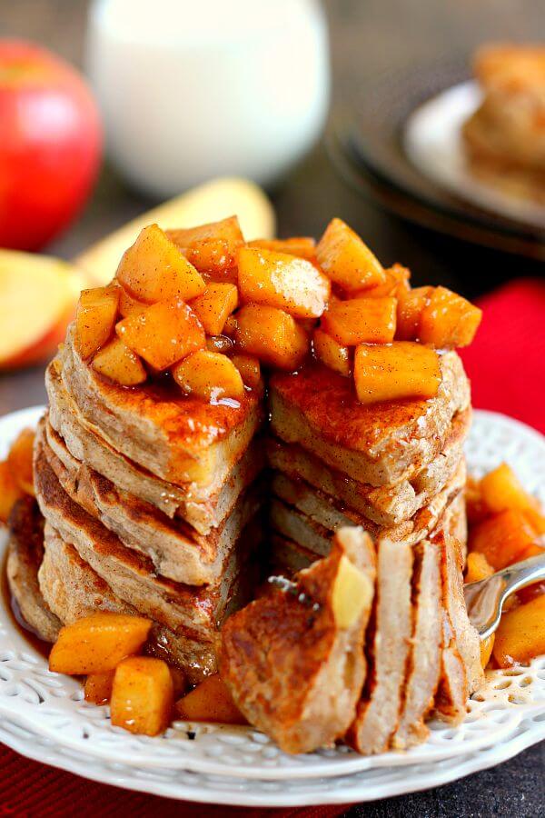 Jam-packed with fresh apples, sweet cinnamon, and Greek yogurt, these pancakes are light, fluffy, and bursting with flavor. The caramelized apples add the perfect touch to these pancakes, providing a deliciously sweet apple glaze!