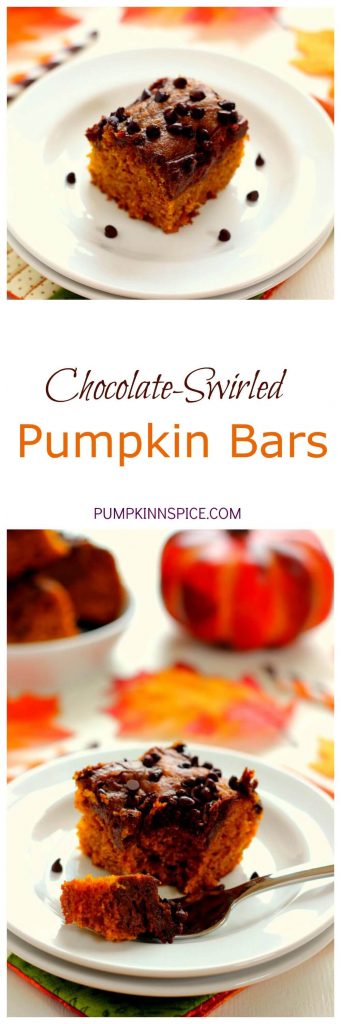 These Chocolate-Swirled Pumpkin Bars are soft, moist, and bursting with flavor. The pumpkin cake is filled with hints of cinnamon and spices and swirled with a chocolate cream cheese mixture!