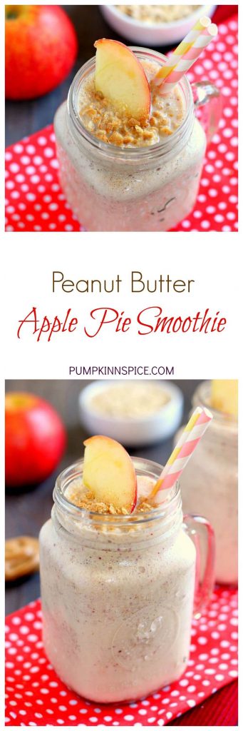 This Peanut Butter Apple Pie Smoothie is creamy, packed with apples, and has a subtle hint of cinnamon and peanut butter. The oats give this drink a thicker, pie-like texture, while the yogurt and spices give it the perfect touch of sweetness. If you love apple pie, then this smoothie was made for you!