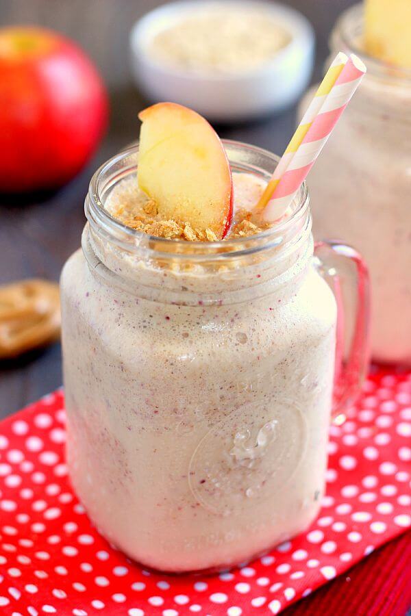 This Peanut Butter Apple Pie Smoothie is creamy, packed with apples, and has a subtle hint of cinnamon and peanut butter. The oats give this drink a thicker, pie-like texture, while the yogurt and spices give it the perfect touch of sweetness. If you love apple pie, then this smoothie was made for you!