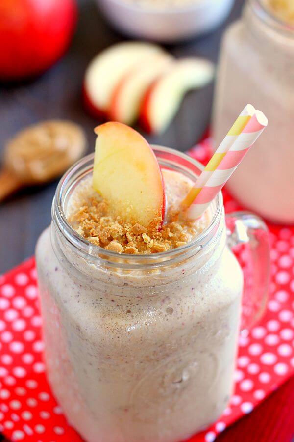 This Peanut Butter Apple Pie Smoothie is creamy, packed with apples, and has a subtle hint of cinnamon and peanut butter. The oats give this drink a thicker, pie-like texture, while the yogurt and spices give it the perfect touch of sweetness. If you love apple pie, then this smoothie was made for you!