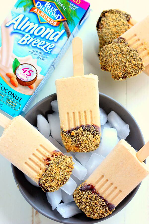 Packed with nutritious ingredients and ready in minutes, these pops are a version of the classic pie, in healthy form. Greek yogurt, Almond Breeze Almondmilk Coconutmilk Vanilla Unsweetened, peanut butter, and honey makes these pops suitable for breakfast, a mid-morning snack, or even as a healthy dessert!