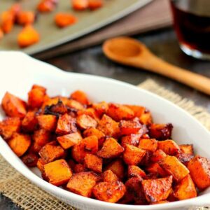 These Roasted Maple Cinnamon Sweet Potatoes are seasoned with cozy flavors and roasted to perfection until crispy on the outside and soft on the inside!