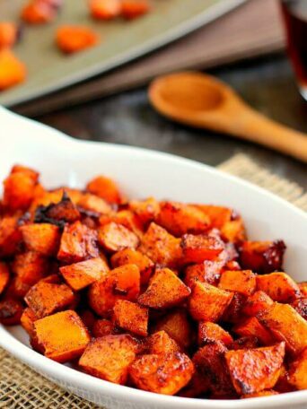 These Roasted Maple Cinnamon Sweet Potatoes are seasoned with cozy flavors and roasted to perfection until crispy on the outside and soft on the inside!
