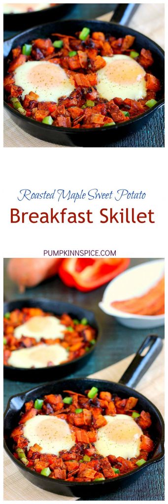 Packed with roasted maple sweet potatoes, fresh eggs, peppers, and bacon, this Roasted Maple Sweet Potato Breakfast Skillet comes together in minutes and makes a hearty breakfast. It's easy to prepare and full of cozy flavors that are perfect on those cool, fall mornings!