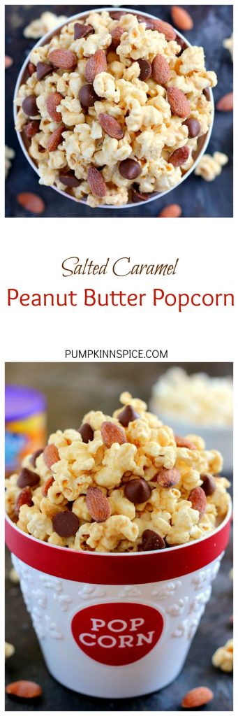 Jam-packed with peanut butter popcorn and filled with Blue Diamond Salted Caramel Almonds, this Salted Caramel Peanut Butter Popcorn is a little sweet, a little salty, and the perfect treat to munch on when your cravings strike!