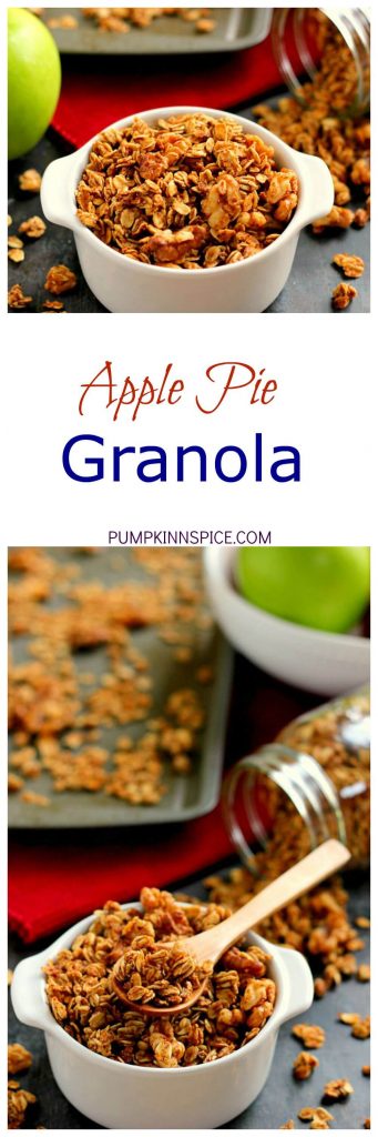 This Apple Pie Granola is jam-packed with hearty oats, walnuts, and cozy fall spices. It makes the perfect autumn snack and tastes like apple pie, in healthy form!